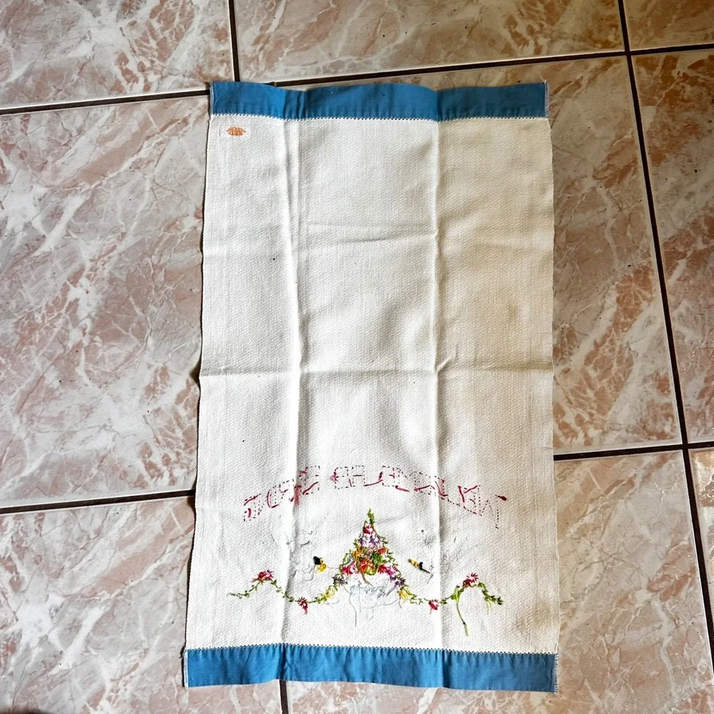 Vintage Boott Mills Embroidered Tea Towel Welcome As Spring Birds Flowers USA